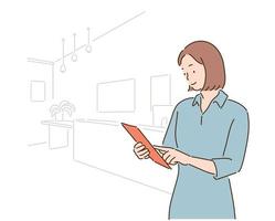 A business woman is looking at documents. hand drawn style vector design illustrations.