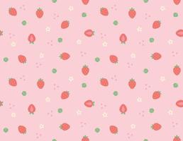 un patrón de fondo con pequeñas y lindas fresas y flores y hojas dispuestas al azar. plantilla de diseño de patrón simple. vector