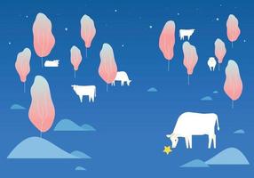 There are white cows in the dark forest with a dreamy atmosphere. vector