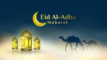 Beautiful Eid al-Adha background with lanterns and camels. vector