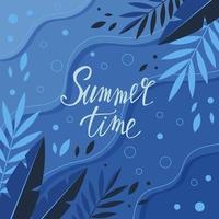 Bright summer card. Beautiful summer poster with palm leaves and hand written text. Summer holidays cards. Vector illustration