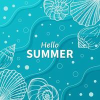 tarjeta de verano brillante. hermoso cartel de verano con conchas marinas y texto escrito a mano. tarjetas de vacaciones de verano. ilustración vectorial vector