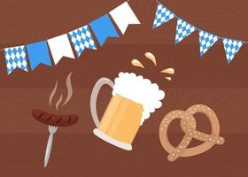 Oktoberfest food on wooden background. Beer mug, pretzel and bavarian sausage. Oktoberfest poster with traditional flags. Vector illustration