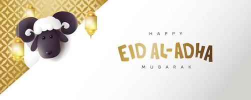 eid al adha mubarak la celebración de la caligrafía del festival de la comunidad musulmana con ovejas blancas vector