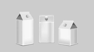 Jugo o leche paquetes de cajas de cartón blanco en blanco sobre fondo blanco aislado