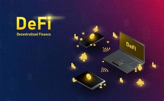 Futuristic Defi Blockchain hologram laptop smartphone and tablet connection. Future concept.vector and illustration vector