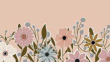 telón de fondo horizontal decorado con flores en flor y borde de hojas. vector de fondo de naturaleza de arte abstracto. marco de plantas de moda. jardín de flores. diseño de patrón floral botánico para banner de venta de verano