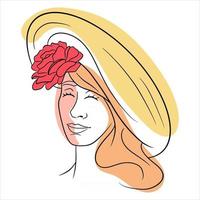 Girl in a hat abstraction. Girl with roses on a headdress. Line style. vector