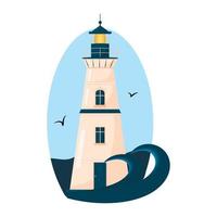 Beacon. Lighthouse tower against the sky. Gulls and ocean waves. Vector illustration.