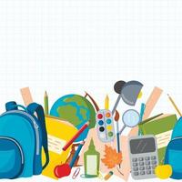 Vector seamless pattern with school supplies. Globe, Backpack, pencils, pens, Paper clips, Calculator