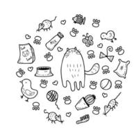 A round-shaped pattern of cute kitty and cat care elements hand drawn vector illustration for decor and design