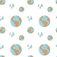 Seamless pattern with planet Earth and water drops on a white background. Vector endless texture in cartoon style