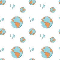 Seamless pattern with planet Earth and water drops on a white background. Vector endless texture in cartoon style