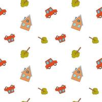 Seamless children's pattern with a red car, a tree and a house on a white background. Vector endless texture for kid's design