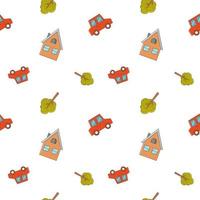 Seamless children's pattern with a red car, a tree and a house on a white background. Vector endless texture for kid's design