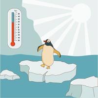 The penguin stands on an ice floe. Global warming and climate change concept. The thermometer shows a high temperature. Vector illustration