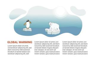 Web banner template about global warming and climate change. A polar bear with and a penguin swims on an ice floe in the Arctic. Vector illustration