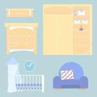 A set of children's furniture for the nursery. Vector design elements baby cot, wardrobe with toys, chest of drawers, shelf, armchair with pillow isolated on the background