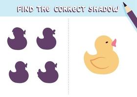 Find the correct shadow. Cute duck. Educational game for kids. Collection of children's games. Vector illustration in cartoon style
