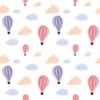 Seamless pattern with flying hot air balloon and colorful clouds, on a white background. Vector endless texture for travel design.