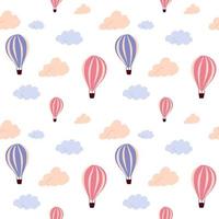 Seamless pattern with flying hot air balloon and colorful clouds, on a white background. Vector endless texture for travel design.