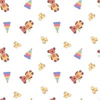 Seamless pattern with children's toys. Teddy bear, cubes and pyramid for small children. Vector endless texture on a white background