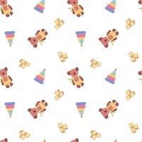 Seamless pattern with children's toys. Teddy bear, cubes and pyramid for small children. Vector endless texture on a white background