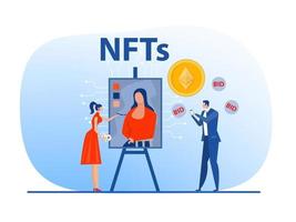Non fungible token sell and buy art on market place illustration landing page for websites, mobile applications vector