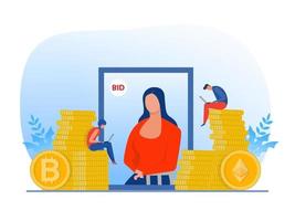 Non fungible token sell and buy art on market place illustration landing page for websites,blockchain concept  vector