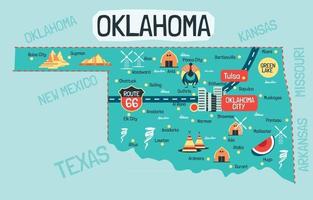 ilustración dibujada a mano del mapa de oklahoma con destinos turísticos vector