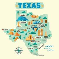 ilustración dibujada a mano del mapa de texas con destinos turísticos vector