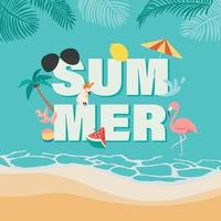 Summer background with coconut tree, flamingo ,fruit on the beach vector