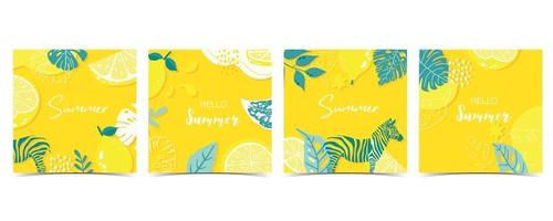 Collection of summer background set with leaves,lemon,zebra on yellow background vector