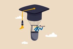 Education or knowledge to growth career path, working skill to success in work, learn or study new course for business success concept, businessman fly graduation mortar hat balloon see future vision. vector