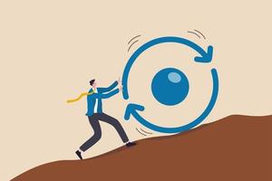 Consistency key to success, business strategy to repeatedly deliver work done, personal development or career growth concept, businessman pushing consistency circle symbol up hill with full effort. vector