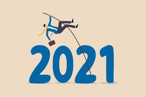 Overcome obstacle or solve business problem to pass hard time year 2021, pandemic causing economic recession concept, success businessman pole vault jumping over year number 2021. vector