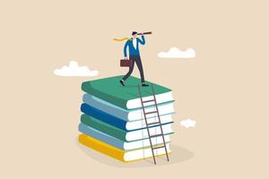 Business skills for career opportunity, knowledge or education for future job, challenge and personal improvement, reading list concept, businessman climb up ladder on books stack for good vision. vector