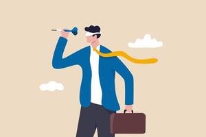 Unclear target or blind business vision, leadership failure or mistake aiming goal, untrained or uneducated management concept, confused businessman blindfold throwing dart. vector