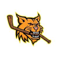 bobcat biting ice hockey stick head mascot vector art