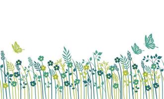 Ilustración de fondo transparente de campo de primavera con plantas, mariposas y espacio de texto, ilustración vectorial. horizontalmente repetible. vector