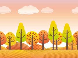 paisaje de campo otoñal transparente con árboles, pastizales y colinas en colores otoñales aislados sobre un fondo blanco. ilustración vectorial. horizontalmente repetible. vector