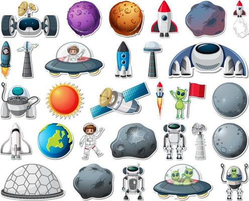 Set of stickers with Solar system objects isolated