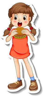 Sticker template with a girl eating hamburger cartoon character isolated