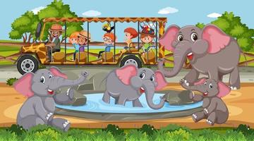 Elephant group in Safari scene at day time with children in the tourist car vector