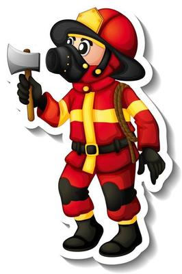 Sticker design with a fireman cartoon character