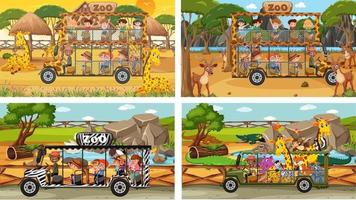 Set of different safari scenes with animals and kids cartoon character vector