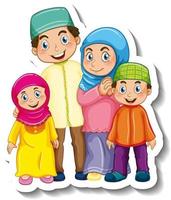 Sticker template with Muslim family cartoon character vector