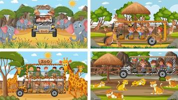 Cuatro escenas de zoológico diferentes con niños y animales. vector