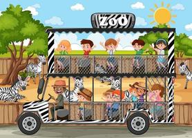 Safari scene with kids on tourist car watching zebra group vector