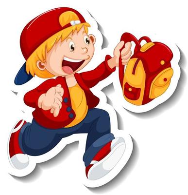 Sticker template with a happy student boy cartoon character isolated